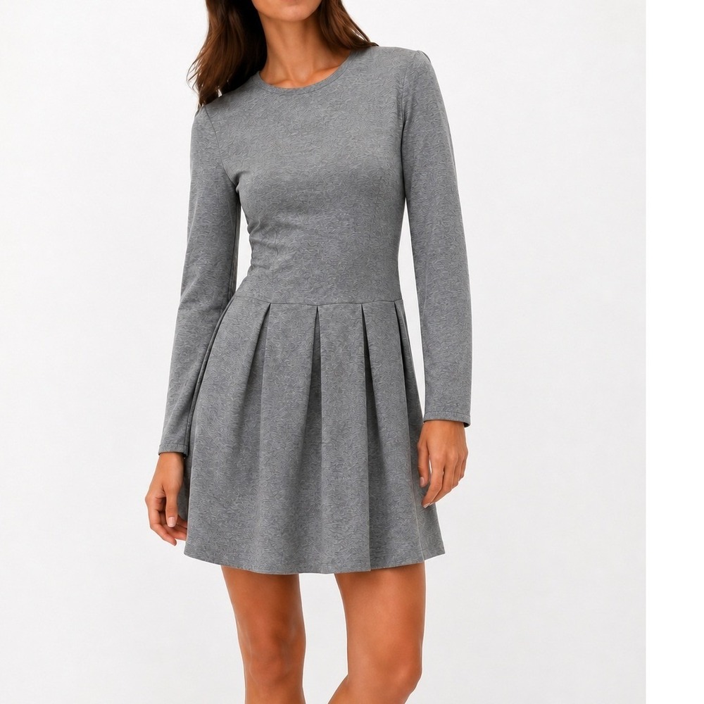 Wilfred Aritzia Womens Gray Knit Mini Dress Size 8 Pleated Long Sleeve Fit Flare